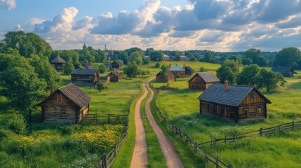 Obraz premium Scenic rural village with traditional wooden houses, winding road, and lush green fields under a cloudy sky.