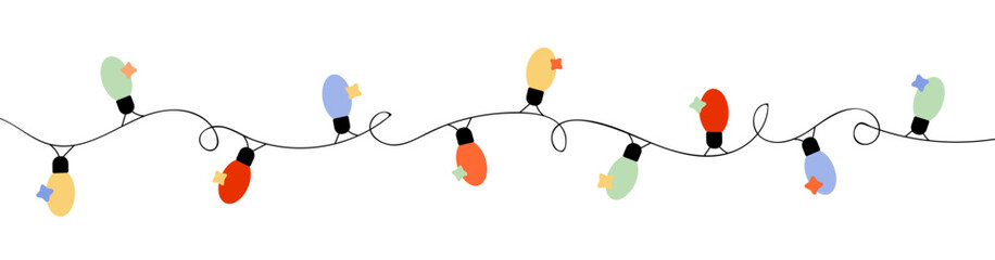 Christmas garland lights on a black curvy string. Single line isolated on white background.