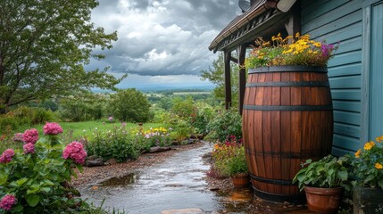 A rainwater collection barrel positioned next to a house, surrounded by flowering plants, a soft cloudy sky above