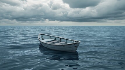 Naklejka premium Lonely Boat on an Overcast Ocean