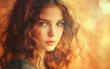 Fototapeta premium Portrait of a woman with natural curls and minimal makeup, softly illuminated, on a blurred pastel orange background