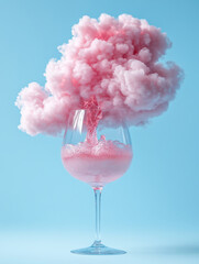 Pastel-themed wine glass with pink liquid and surreal cloud above