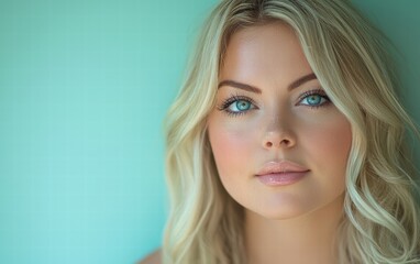 Naklejka premium Beautiful blonde woman with bright blue eyes and subtle makeup, against a pastel mint green background