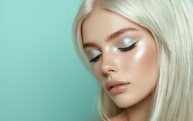 Naklejka premium Blonde woman with sleek straight hair and shimmering silver eyeshadow, on a pastel mint green background