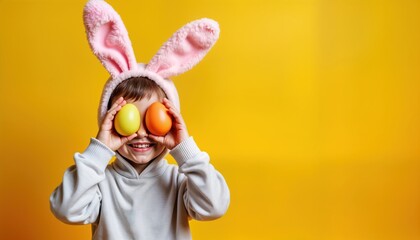 Adorable child wears Easter bunny ears, holds colorful eggs in front of eyes. Happy kid enjoying Easter holiday. Child dressed in light gray hoodie, smiling broadly against bright yellow background. - obrazy, fototapety, plakaty