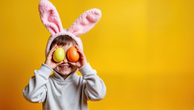 Adorable child wears Easter bunny ears, holds colorful eggs in front of eyes. Happy kid enjoying Easter holiday. Child dressed in light gray hoodie, smiling broadly against bright yellow background. - Powered by Adobe