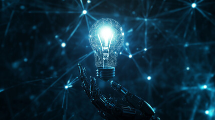 Robot Hand Holding Glowing Light Bulb Symbolizing Innovation Technology and Future Ideas on Blue Background