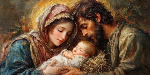 Illuminated Mary and Joseph Caressing Baby Jesus Nativity Scene Painting 