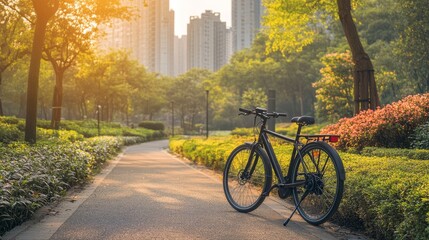 Obraz premium An electric bicycle parked on a clean, green-lined city street, with a modern urban background and eco-friendly infrastructure,