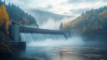 Fototapeta premium A scenic view of a hydroelectric dam in a mountain valley, with rushing water and mist rising in the morning light
