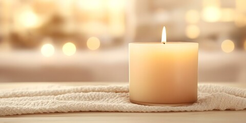 A lit candle sits on a soft surface with a warm, blurred background, creating a calming and peaceful ambiance. Concept Candlelight Tranquility, Soft Background Blur, Calming Atmosphere
