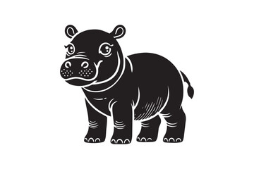 simple black an white cute baby hippo animal vector silhouette isolated on a white background