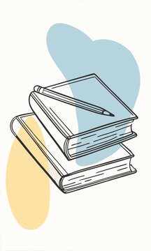 recommend clip art: Stack of books with pencil in minimalist line art style