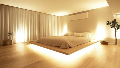 Serene Floating Bed Platform Modern Minimalist Bedroom Interior Design