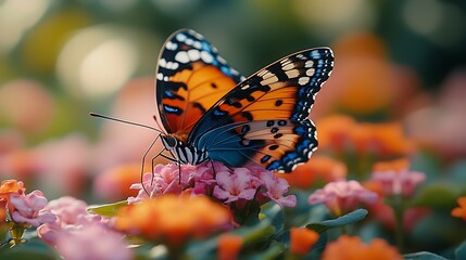 Obraz premium A colorful butterfly rests on vibrant pink flowers