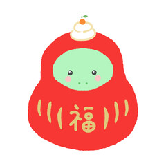 鏡餅を頭に乗せた福だるまの着ぐるみを着たかわいいヘビ - 巳年 /2025年の干支の年賀状素材