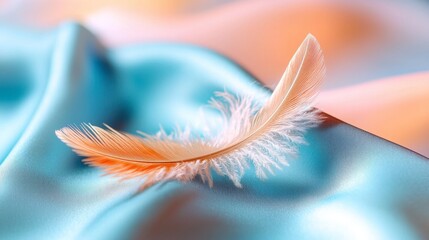 Naklejka premium Delicate Feather on Blue Silk Fabric