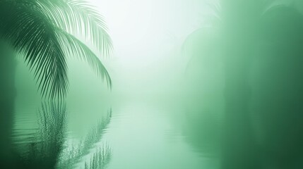 Obraz premium Serene Misty Landscape with Lush Green Palms and Tranquil Water Reflection