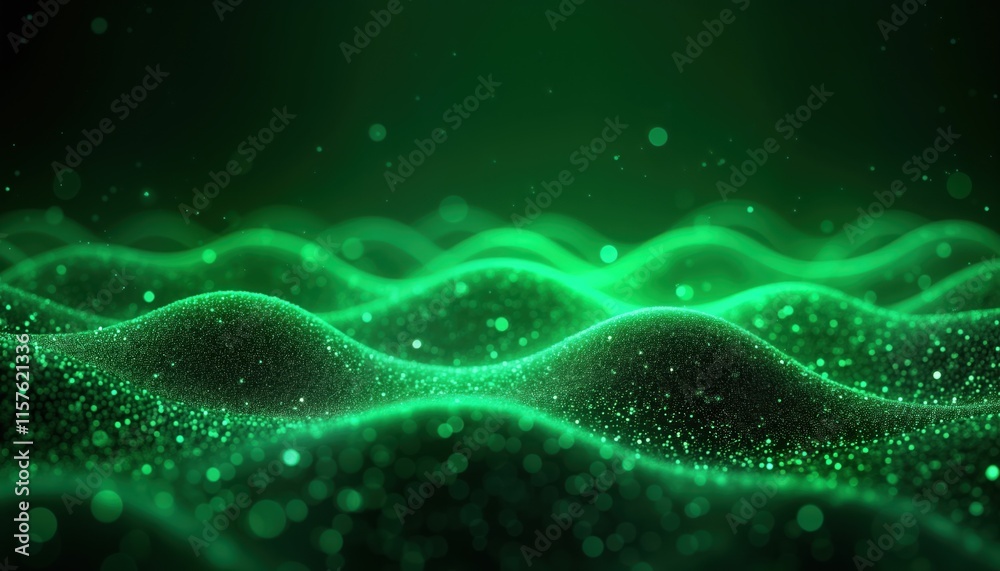 Aufkleber Abstract dynamic green tech backdrop. Digital waves flow smoothly. Vibrant green light pattern creates futuristic, innovative look. Modern design style. Suggests connectivity, information flow. Great
