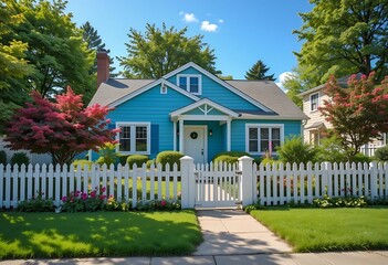 Charming Light Blue House with White Picket Fence