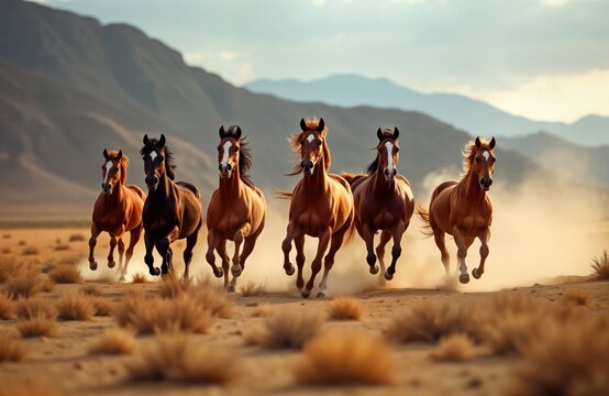 Group of horses gallop across desert landscape. Wild herd runs dynamically towards mountains. Scene full of energy, action. Sunlight illuminates scene. Horses brown with white markings. Dust, motion