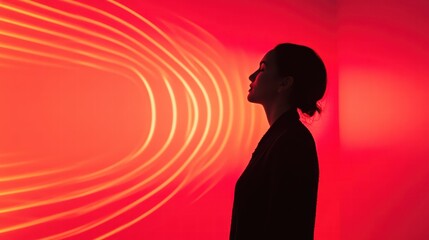A person stands in profile against a vibrant red background, with flowing lines of light creating a captivating atmosphere in an art space dedicated to resonancia con contraste