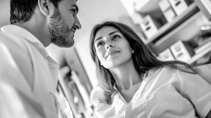Two medical professionals engage in a conversation about patient care in a clinic. Their expressions suggest a collaborative atmosphere while preparing for a magnetic resonance imaging procedure