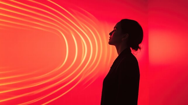 A person stands in profile against a vibrant red background, with flowing lines of light creating a captivating atmosphere in an art space dedicated to resonancia con contraste