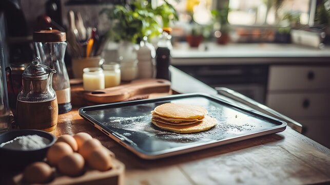 A stack of freshly made pancakes sits on a black baking sheet on a kitchen counter.  Surrounding it are eggs, flour, and other breakfast ingredients.
