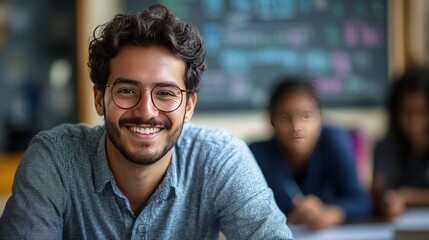 Fototapeta premium A seated teacher with a cheerful expression, gesturing while explaining a math problem on the board, students blurred behind 
