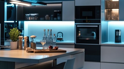 Modern kitchen island with appliances, bottles, and cocktail glass.
