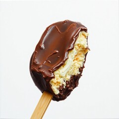 Chocolate ice cream bar on a wooden stick, isolated on a white background.