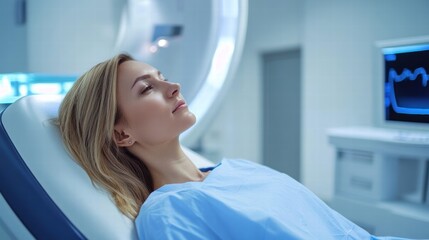 Fototapeta premium A patient is lying on an examination table in a medical facility, preparing for a cervical magnetic resonance imaging procedure. The room is equipped with advanced medical technology