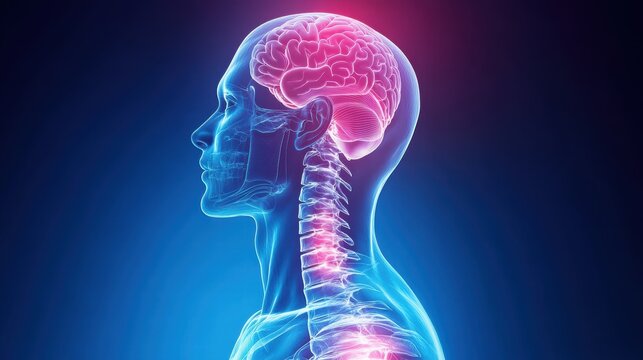 This illustration showcases a side view of the human brain and spinal column in a vibrant magnetic resonance imaging style, emphasizing neurological connections and anatomy