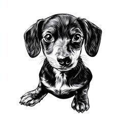 A cartoon style dachshund puppy showcases its adorable features on a clean white background. The puppy's big eyes and playful expression evoke joy and warmth, making it simply irresistible