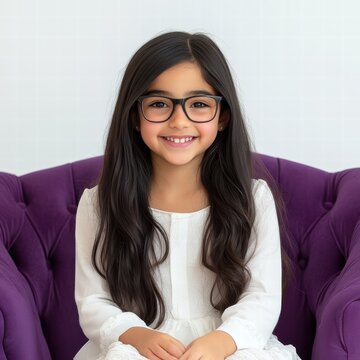 A cheerful arab girl around five years old sits comfortably in a bright room on a stylish purple chair. Her long hair frames her face as she smiles, wearing glasses