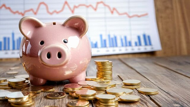 A pinky piggy bank surrounded by scattered gold coins on a wooden desk, with financial charts and graphs in the background, symbolizing savings and investment growth