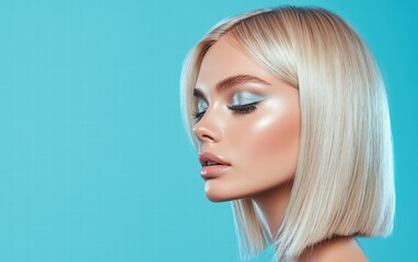 Obraz premium Blonde woman with sleek straight hair and shimmering silver eyeshadow, on a pastel blue background