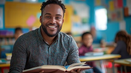 A smiling teacher seated and holding an open book, explaining a concept with enthusiasm in a vibrant classroom setting 