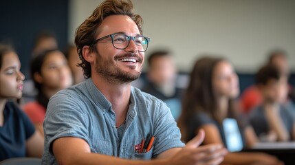 Obraz premium A smiling teacher seated at the front of the class, gesturing as they explain a topic, students listening in the background 