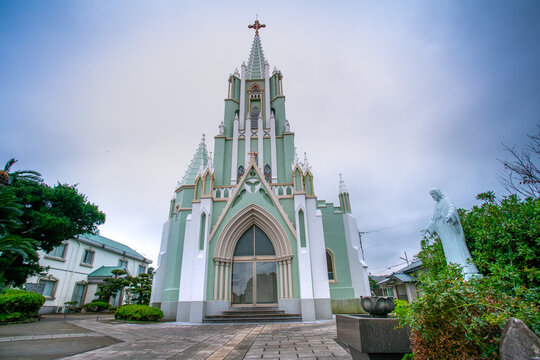The St Francis Xavier Memorial Church, a Christian church on hill over Hirado town, well known as the view of temples and church by its location, Hirado, Nagasaki, Japan