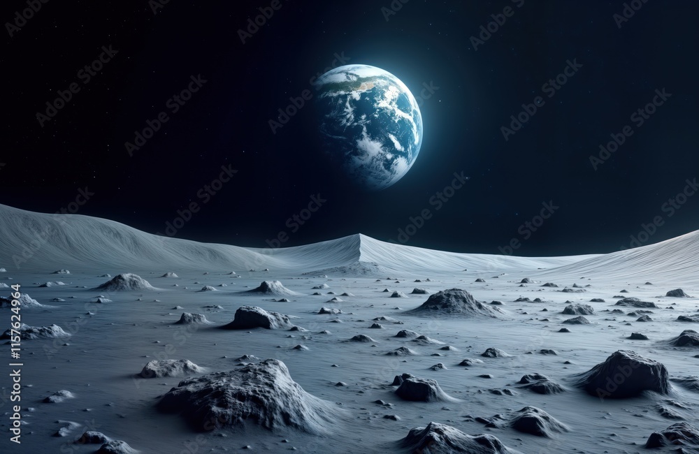 Poster Lunar landscape view of moon surface. Earth visible in dark night sky. Rocky terrain, craters. Celestial view from far distant place. Space exploration perspective. Cosmic view from another world.