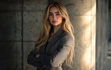 Fototapeta premium Elegant businesswoman with long blonde hair, wearing a tailored gray pantsuit, posing with crossed arms in a corporate setting