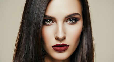 Fototapeta premium Elegant portrait of a young caucasian woman with striking red lips and long brown hair