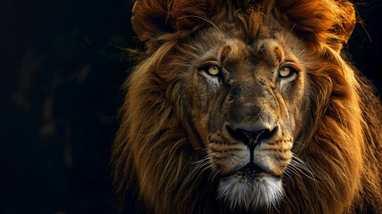 royalty free stock image of lion powerful muscular golden brown fur sharp claws fierce eyes majestic mane standing on rock watching sunrise orange and yellow hues in sky african animal portrait

