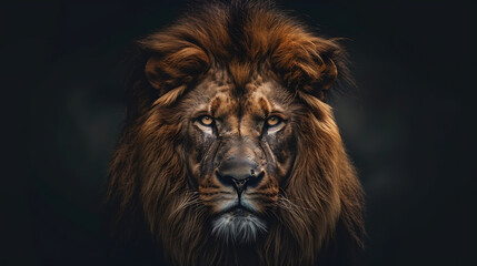 Fototapeta premium download stock photo of lion powerful muscular golden brown fur sharp claws fierce eyes majestic mane standing on rock watching sunrise orange and yellow hues in sky wildlife nature and big cats