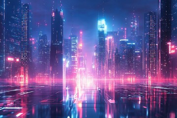 Fototapeta premium Neon-lit futuristic cityscape reflecting on a digital ground.
