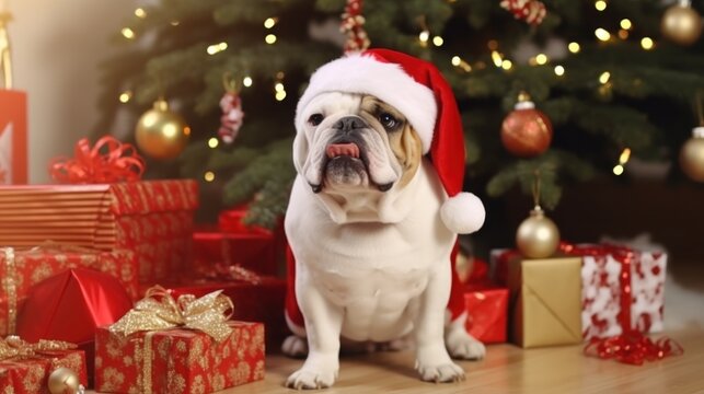 Bulldog in Santa Hat Among Christmas Gifts