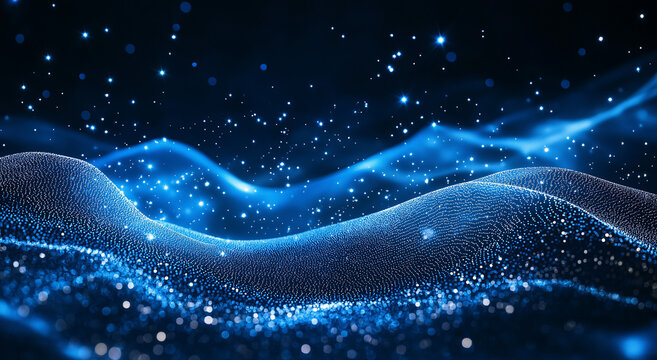3D rendering of an abstract black background with flowing waves of particles and dots, embodying a futuristic digital technology concept - Powered by Adobe