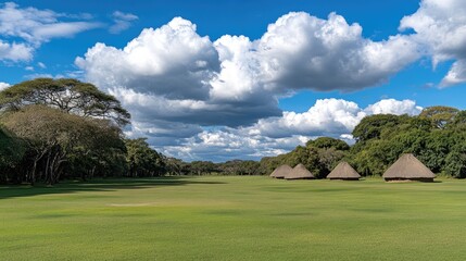 Fototapeta premium Bright summer day highlights traditional Zulu huts in an eco village, framed by green trees and open park space near Harare